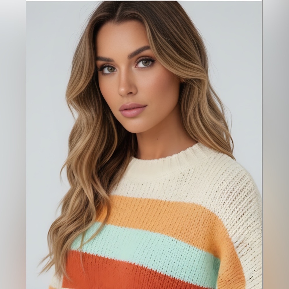 Chic Color Block Crew Neck Long Sleeve Knitted Sweater - Picture 2 of 5